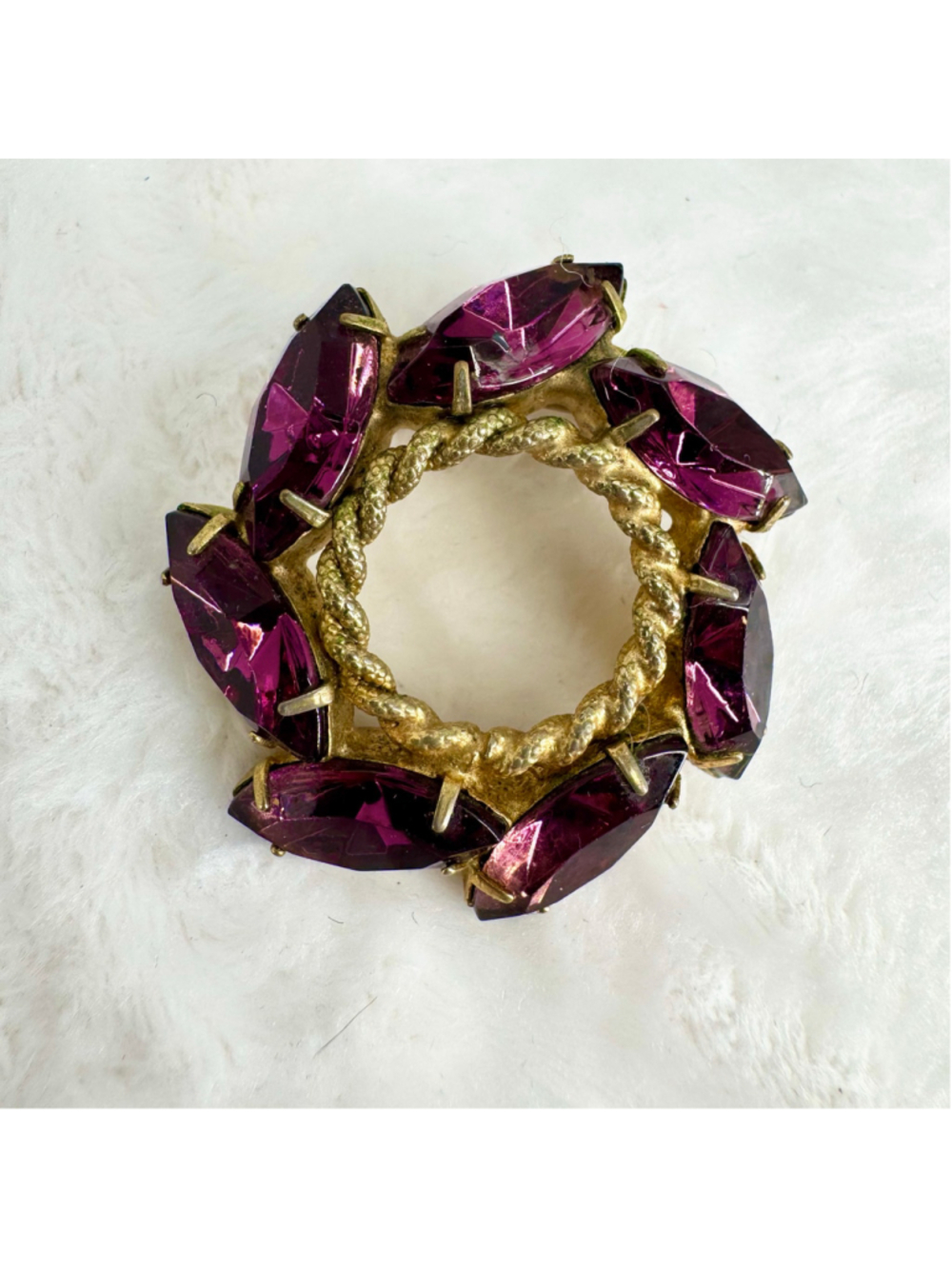 Vintage Purple Stone Brooch Gold Tone 1.25”